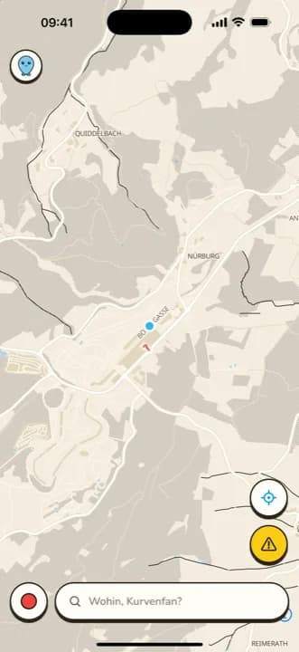 Kartenansicht der Kurrvo-App mit Suche und Melde-Button