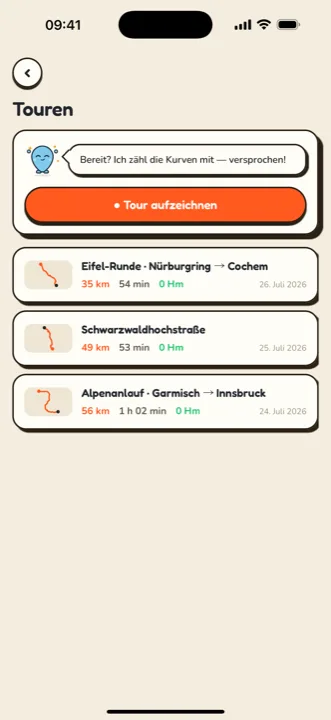 Tourenliste der Kurrvo-App, jede Tour als tatsächliche Streckenform